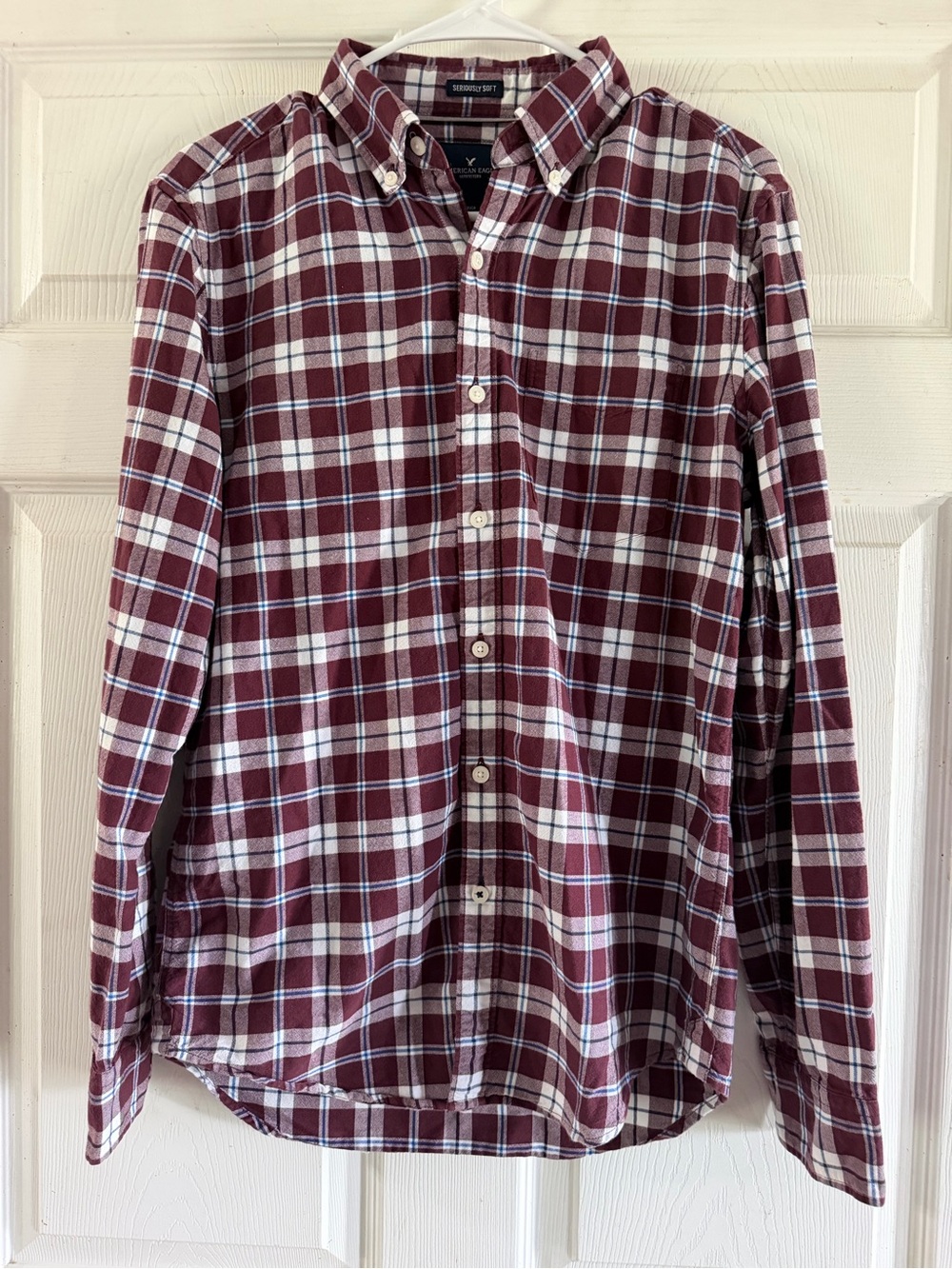 American Eagle Outfitters Burgundy and White Plaid Button-Down Shirt